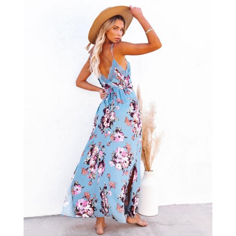 Slip Dresses : Aloe Vera Floral Slip Maxi Dress - Blue